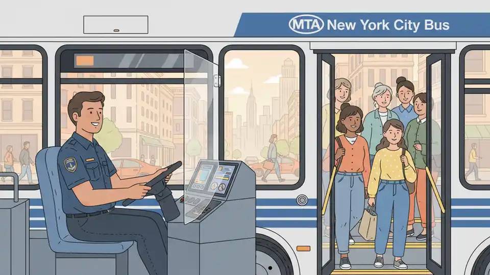 MTA bus driver at wheel of city bus on urban street with passengers boarding in background
