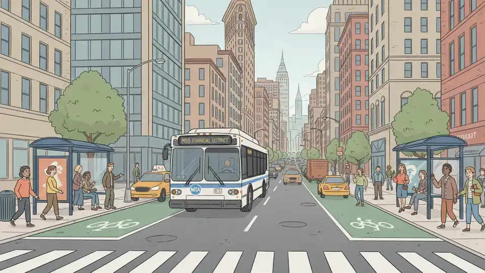 MTA bus traveling along Manhattan street with multiple stops visible, showing typical urban bus corridor with traffic and pedestrians