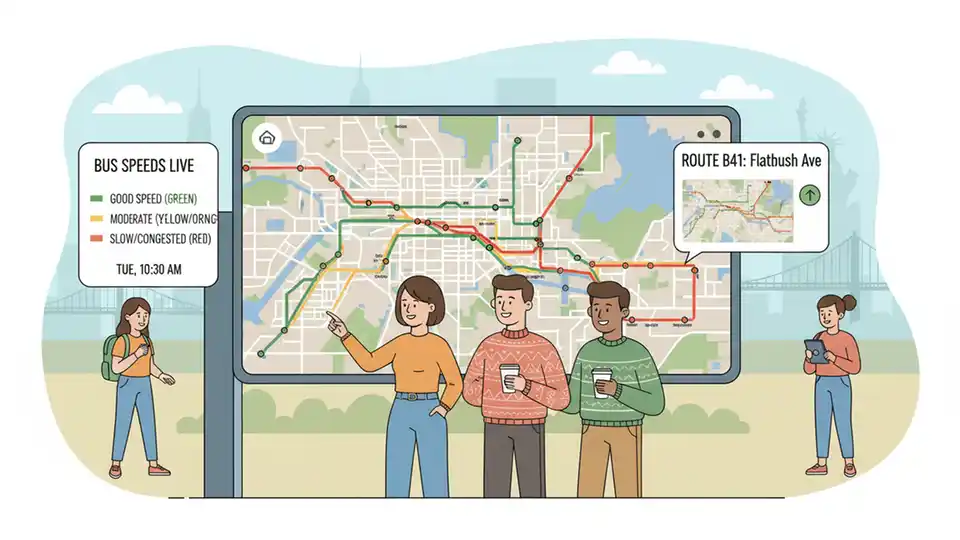 Digital map display showing color-coded bus route segments with speed variations, featuring data visualization interface with green and red route segments
