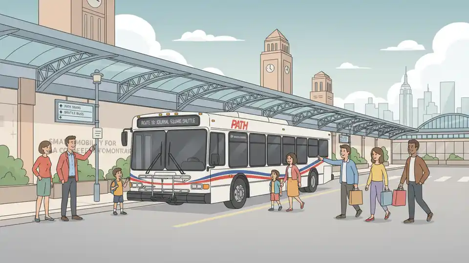 PATH shuttle bus at transit station with route signage visible