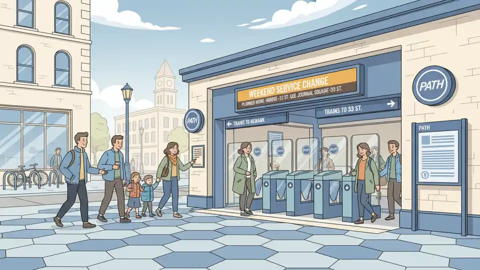 PATH Grove Street Station entrance with weekend service signage visible, showing station operations during maintenance periods