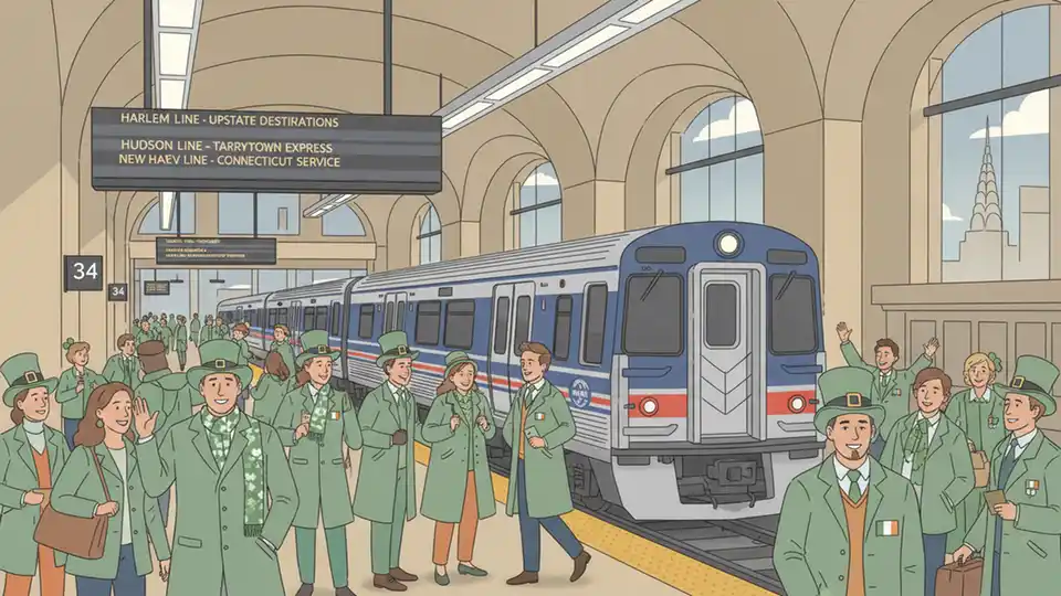 Metro-North train at Grand Central Terminal with St. Patrick's Day travelers