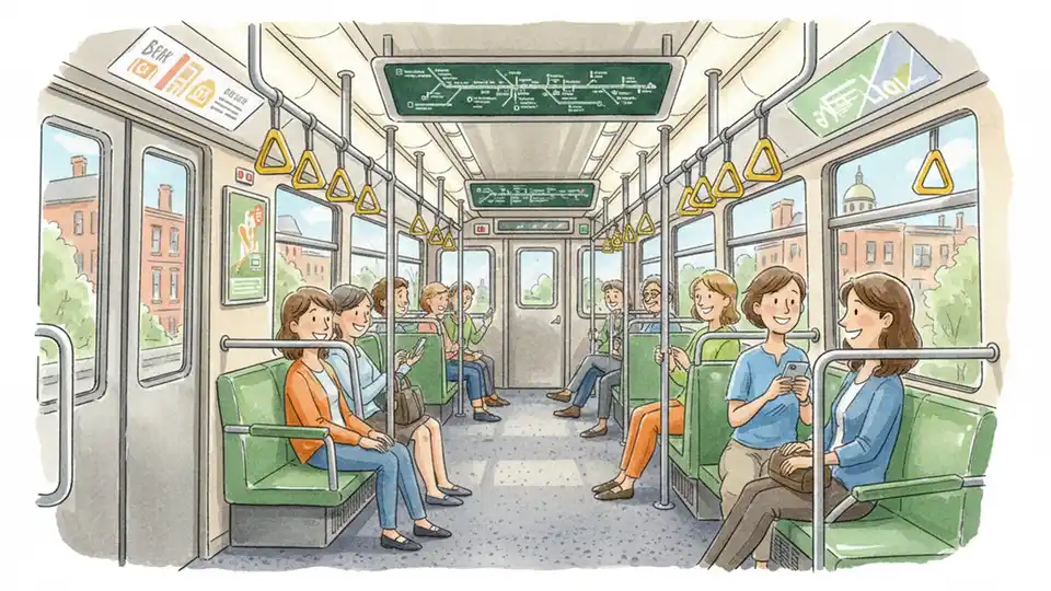 Boston MBTA Green Line train interior showing passenger seating and route map