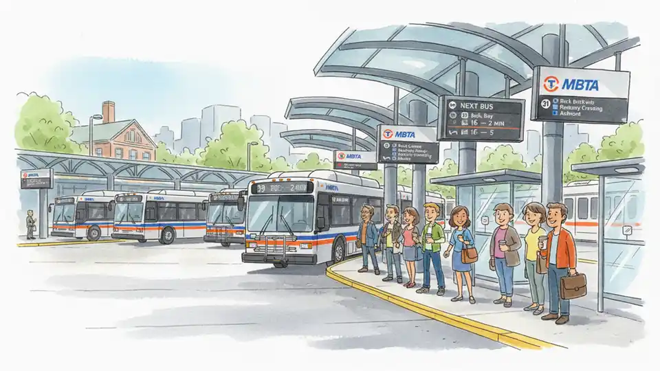 Bus passengers boarding at Forest Hills terminal, showing typical weekday operations with transit signage visible