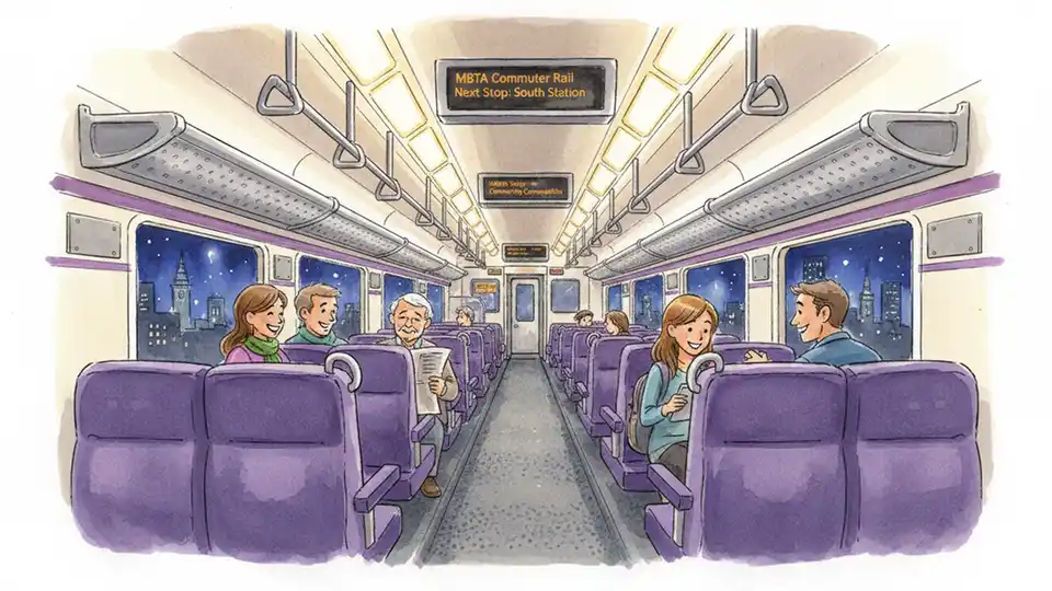 MBTA commuter rail train interior showing passenger seating area and information displays during evening service