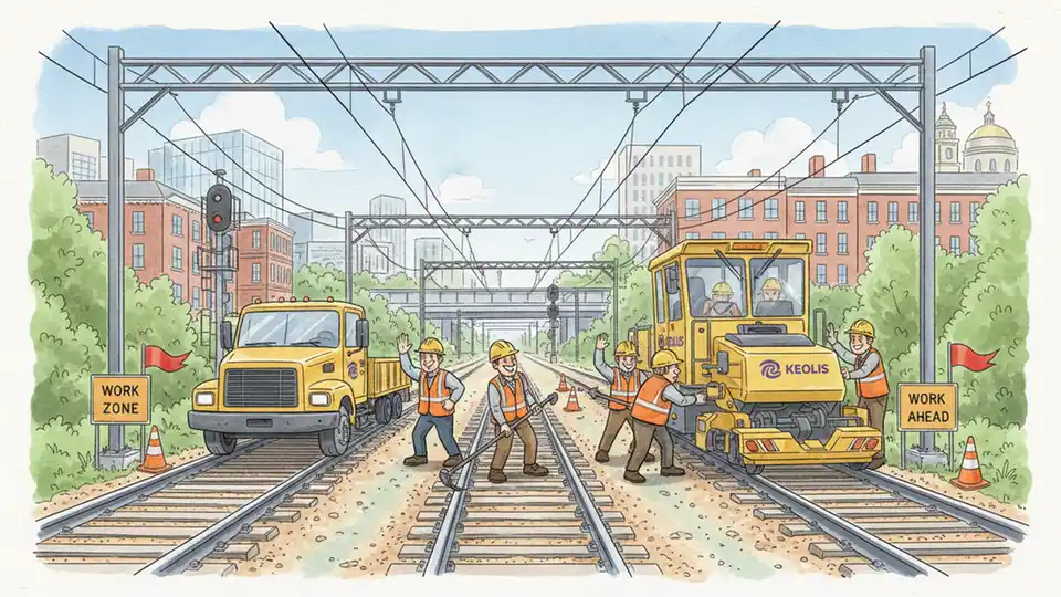 Commuter rail track maintenance work with workers and equipment along railway corridor