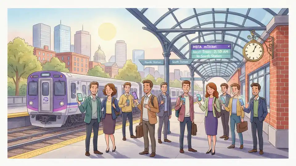 Passengers using mobile ticketing app on smartphone at commuter rail station