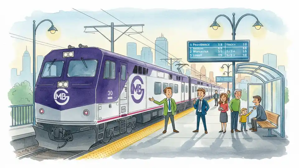 Commuter rail train at platform during early morning hours with information signage visible