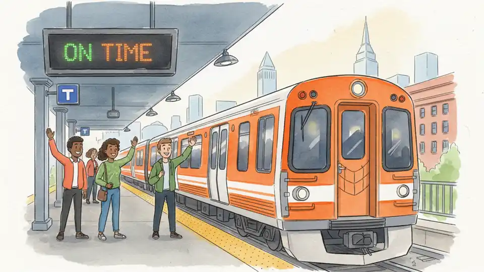 Orange Line train departing station with digital display showing on-time service