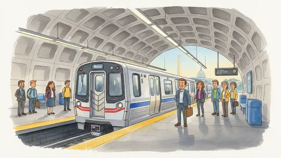 Metro train at station platform with passengers waiting
