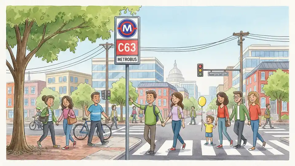 Washington DC Metro bus stop sign showing route C63 with street intersection in background