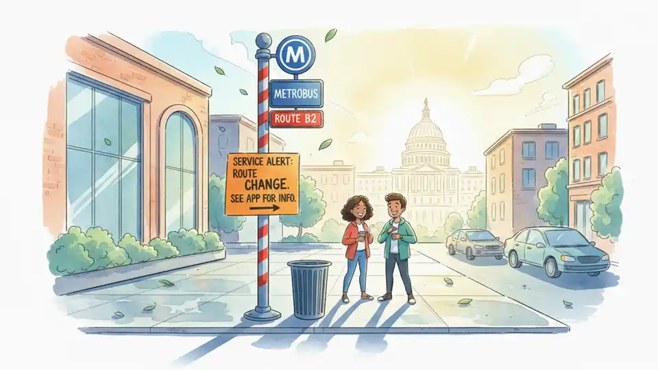 Metro bus stop sign with detour notice posted, early morning urban street scene