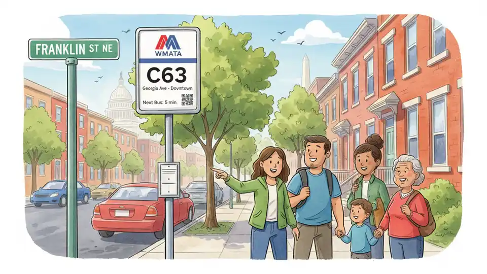 WMATA bus stop sign showing route C63 information on Franklin Street NE