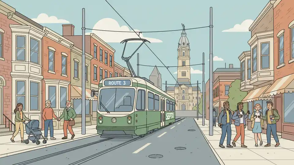 SEPTA T3 trolley on tracks with overhead wires visible, showing typical service operations