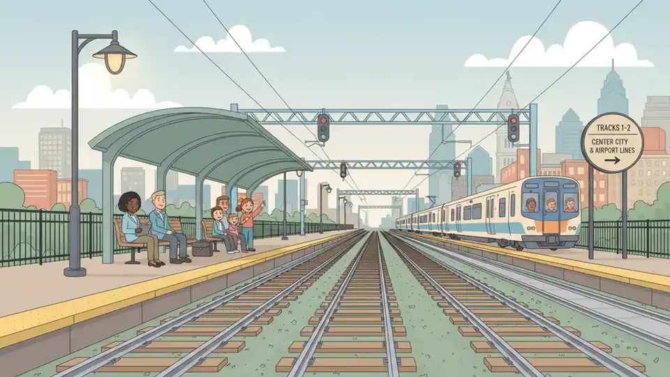Railway tracks at commuter rail station with safety equipment and platform area visible