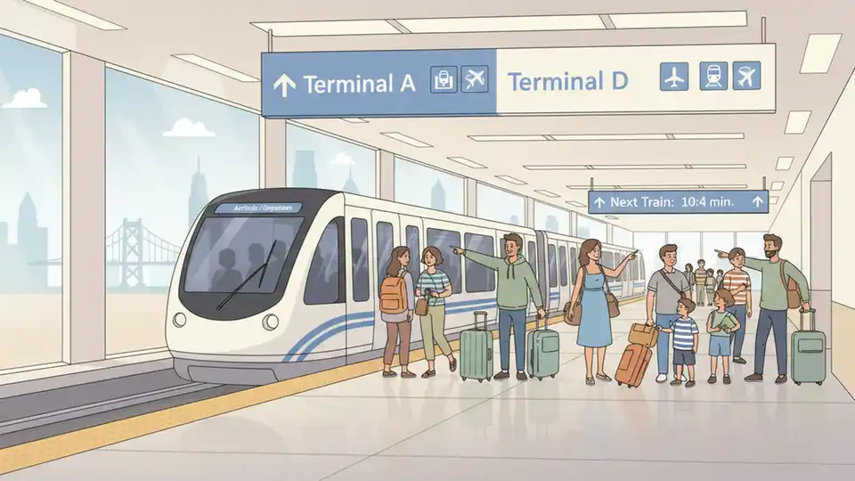 Airport terminal train station with luggage-carrying passengers and directional signage to terminals