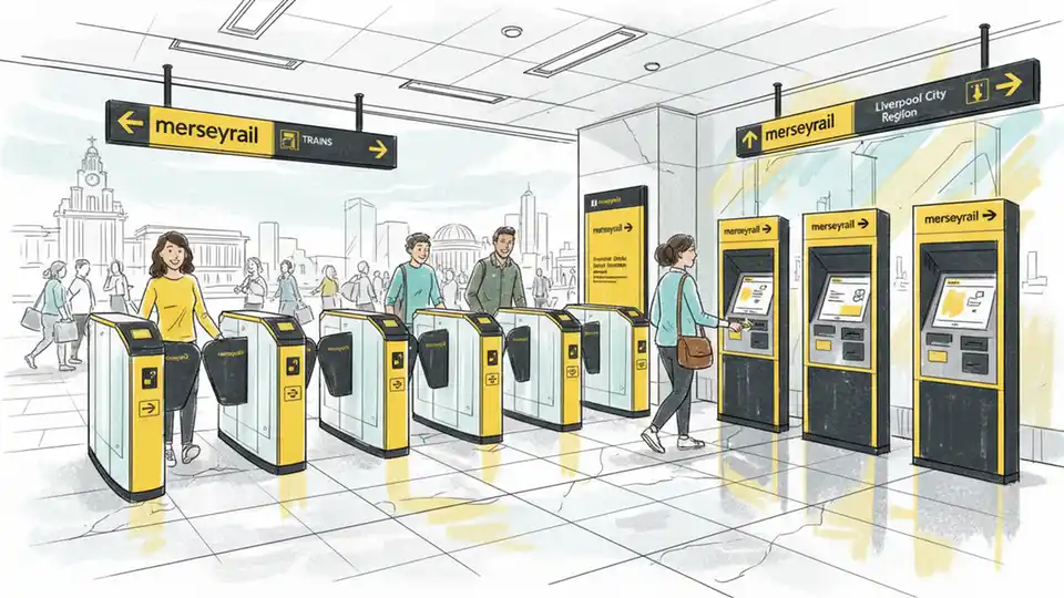 Transit fare gate and ticket vending machine at Liverpool City Region station