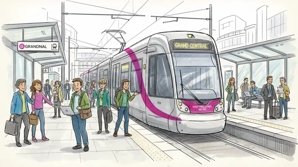 West Midlands Metro tram at Grand Central station platform with passengers waiting to board