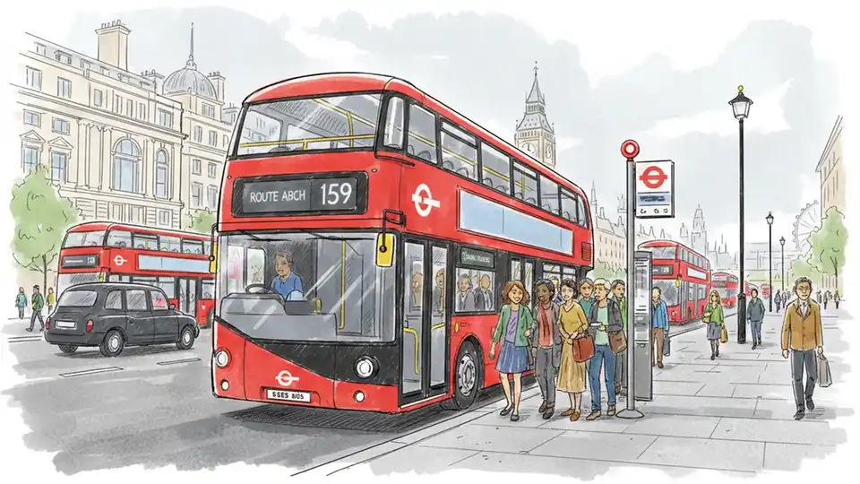 London red double-decker bus at busy city stop with passengers boarding