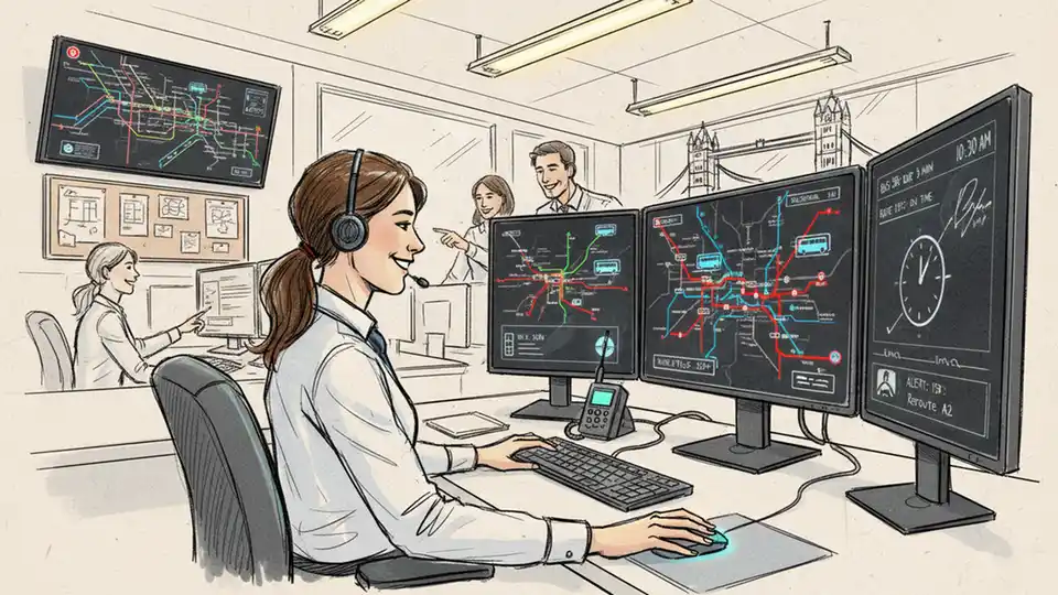 Bus controller monitoring vehicle locations on digital dispatch system