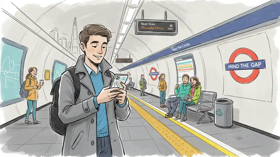 Transit rider using smartphone to check service information at station platform