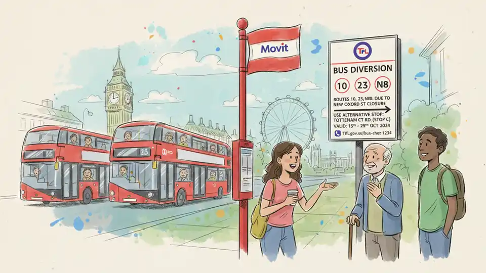 Bus route diversion sign at London bus stop showing temporary route change information