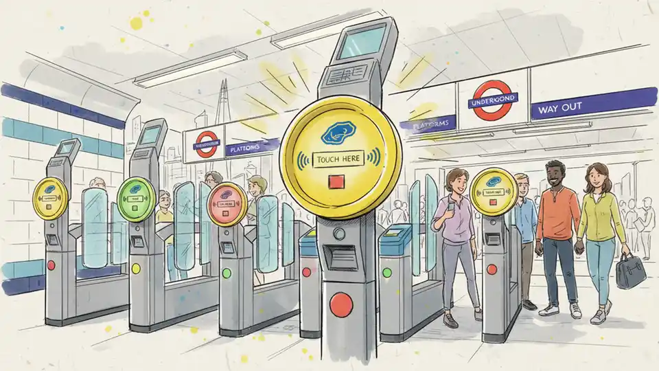 London Underground Oyster card reader at station entrance with contactless payment terminal