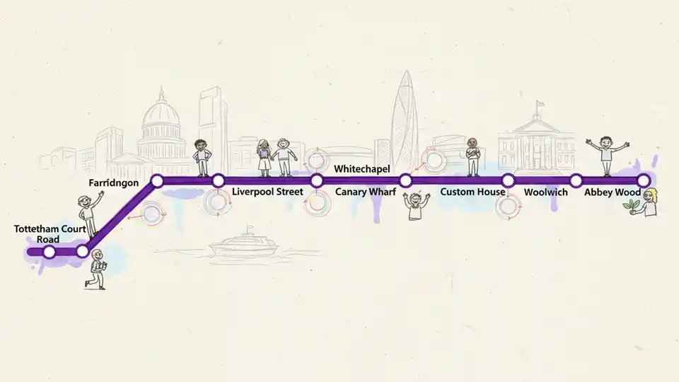 Elizabeth line route map showing stations between Tottenham Court Road and Abbey Wood in east London