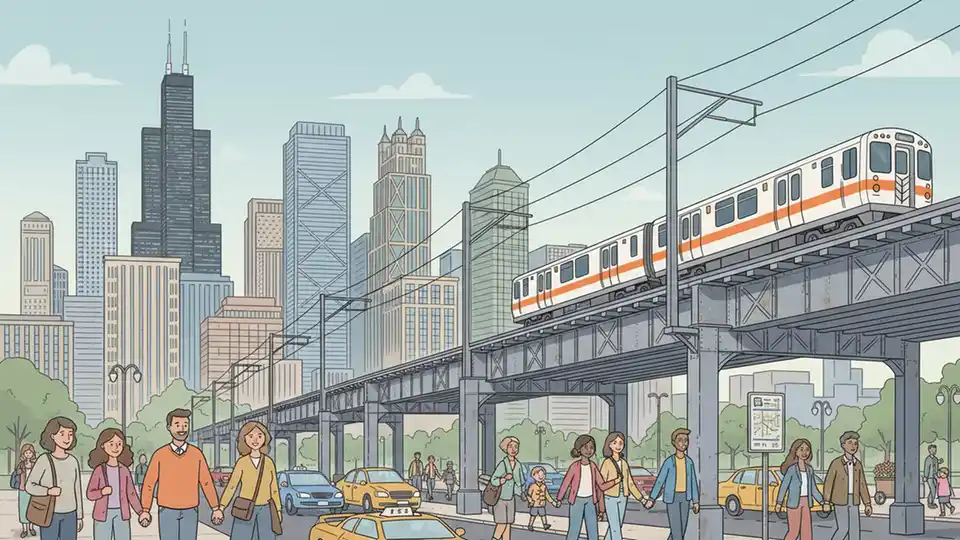 CTA Orange Line elevated tracks with downtown Chicago skyline in background