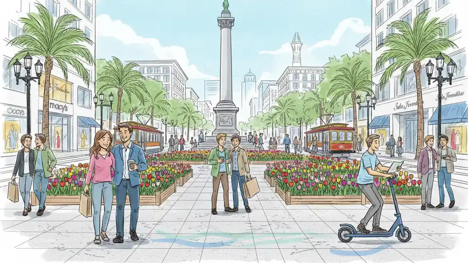 Union Square Plaza in San Francisco with pedestrians and tulip garden display during spring event