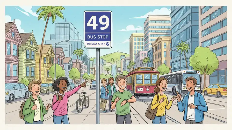 Bus stop sign showing route number with urban street background