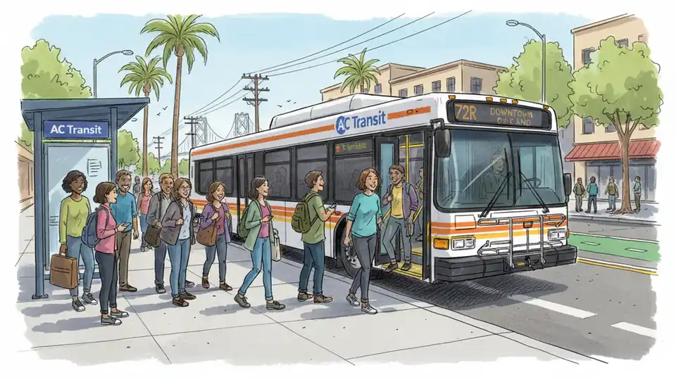 AC Transit bus at a busy East Bay transit stop with passengers boarding, showing the interaction between riders and transit service