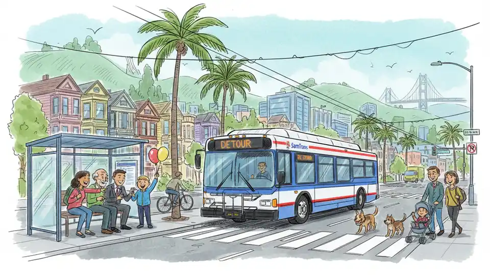 Transit bus on detour with passengers waiting at bus stop shelter