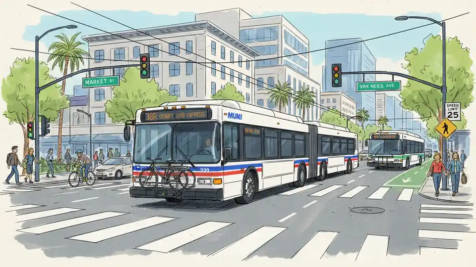 City transit buses at urban intersection with traffic signals and street signs visible