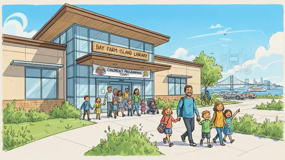 Bay Farm Island Library entrance with families entering for children's programming event