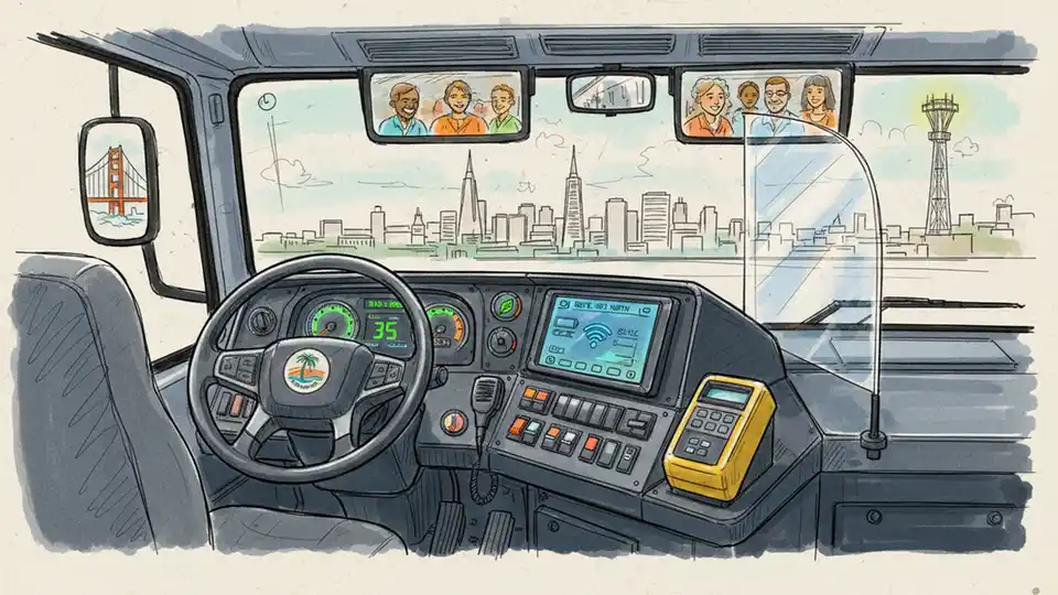 Transit bus dashboard and driver controls showing operational systems