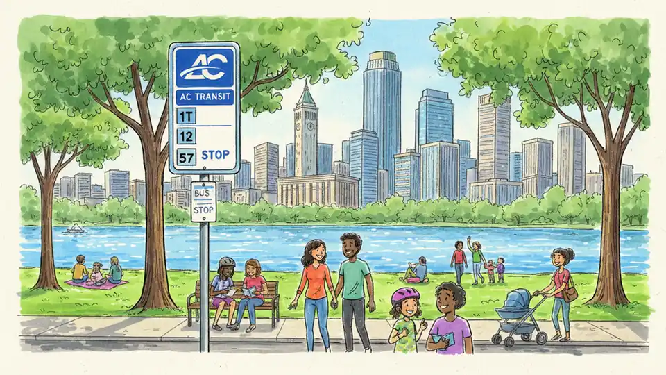 AC Transit bus stop sign with Lake Merritt and downtown Oakland skyline visible