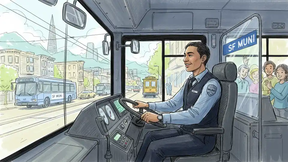 City bus operator at the wheel during daytime route, showing professional transit worker in uniform inside bus cab