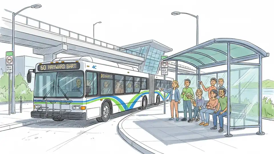 AC Transit bus on Line 60 approaching Hayward BART station with passengers waiting at covered bus stop