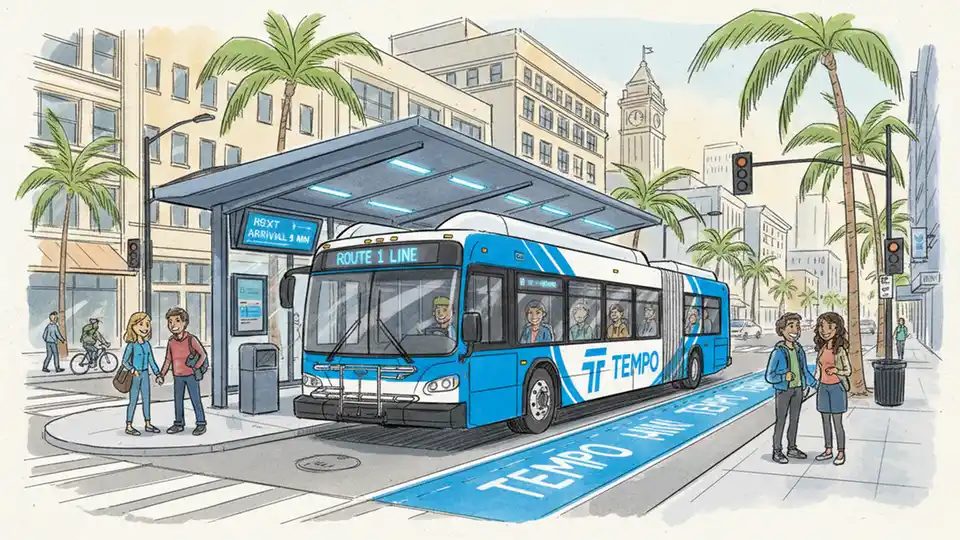 AC Transit Tempo bus at terminal station on Broadway in downtown Oakland with modern bus shelter