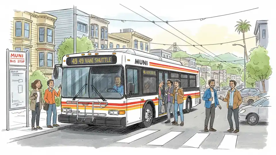 Muni bus shuttle at San Francisco street stop with passengers boarding