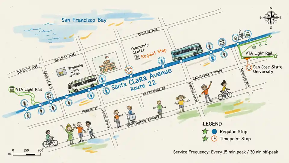 Bus route map showing Santa Clara Ave corridor with regular service stops