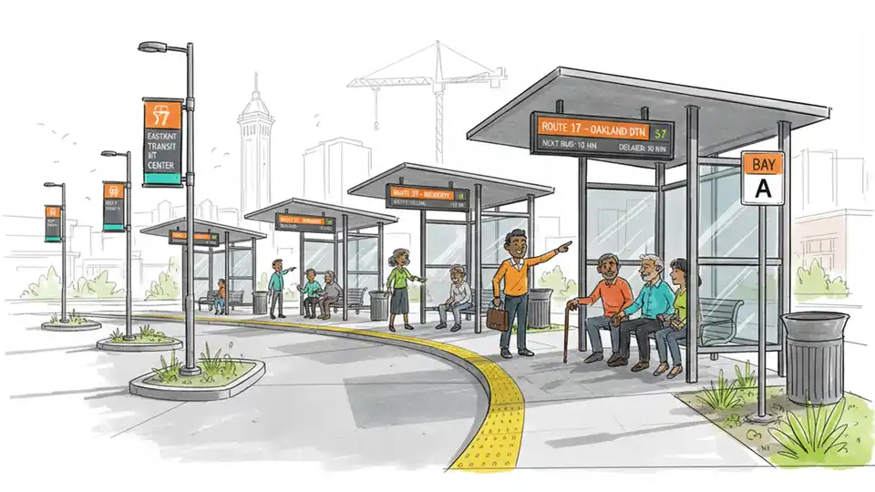 Eastmont Transit Center bus stop with route information signs and covered waiting area
