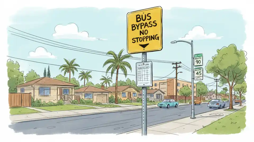 Empty bus stop on 106th Avenue in Oakland with bus bypass sign, residential neighborhood background