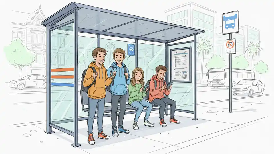 Students using smartphones to access transit information while waiting at a bus shelter