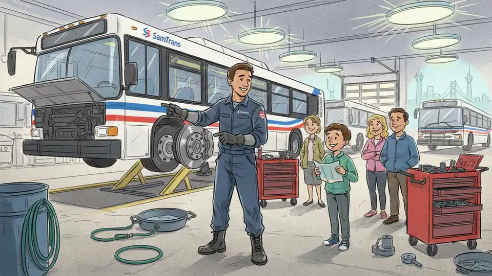 SamTrans bus mechanic working on vehicle maintenance in agency repair facility, showing technical work that keeps buses operational