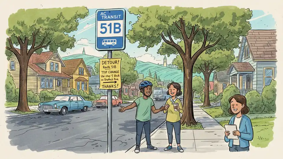 Berkeley transit bus stop sign with detour notice posted, residential street in background