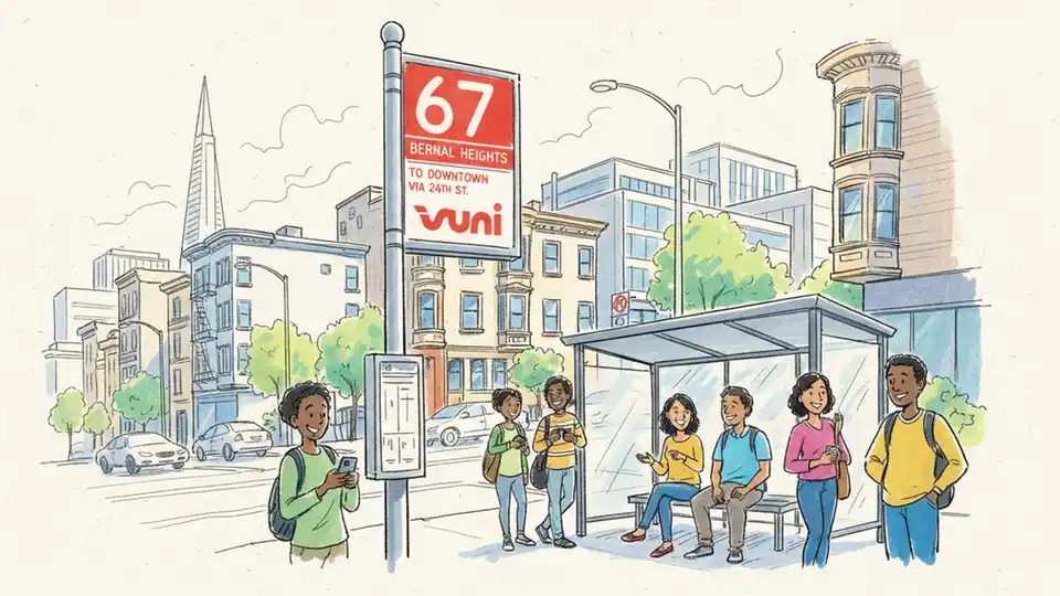 Muni bus stop sign showing route 67 with passengers waiting