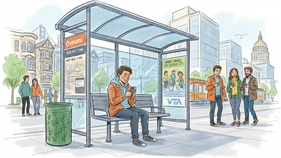 Person checking smartphone for transit alerts while waiting at bus shelter
