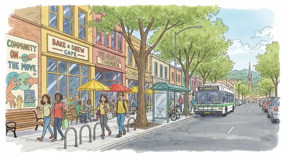 Temescal neighborhood street scene showing restaurants and transit access with pedestrians near bus stop